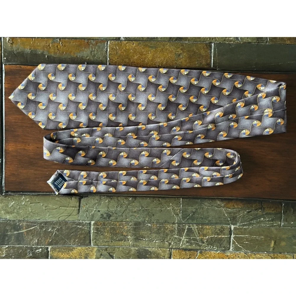 TWO Arrow & Meeting Street Vintage Silk Neckties Tan Brown Blue geometric circle